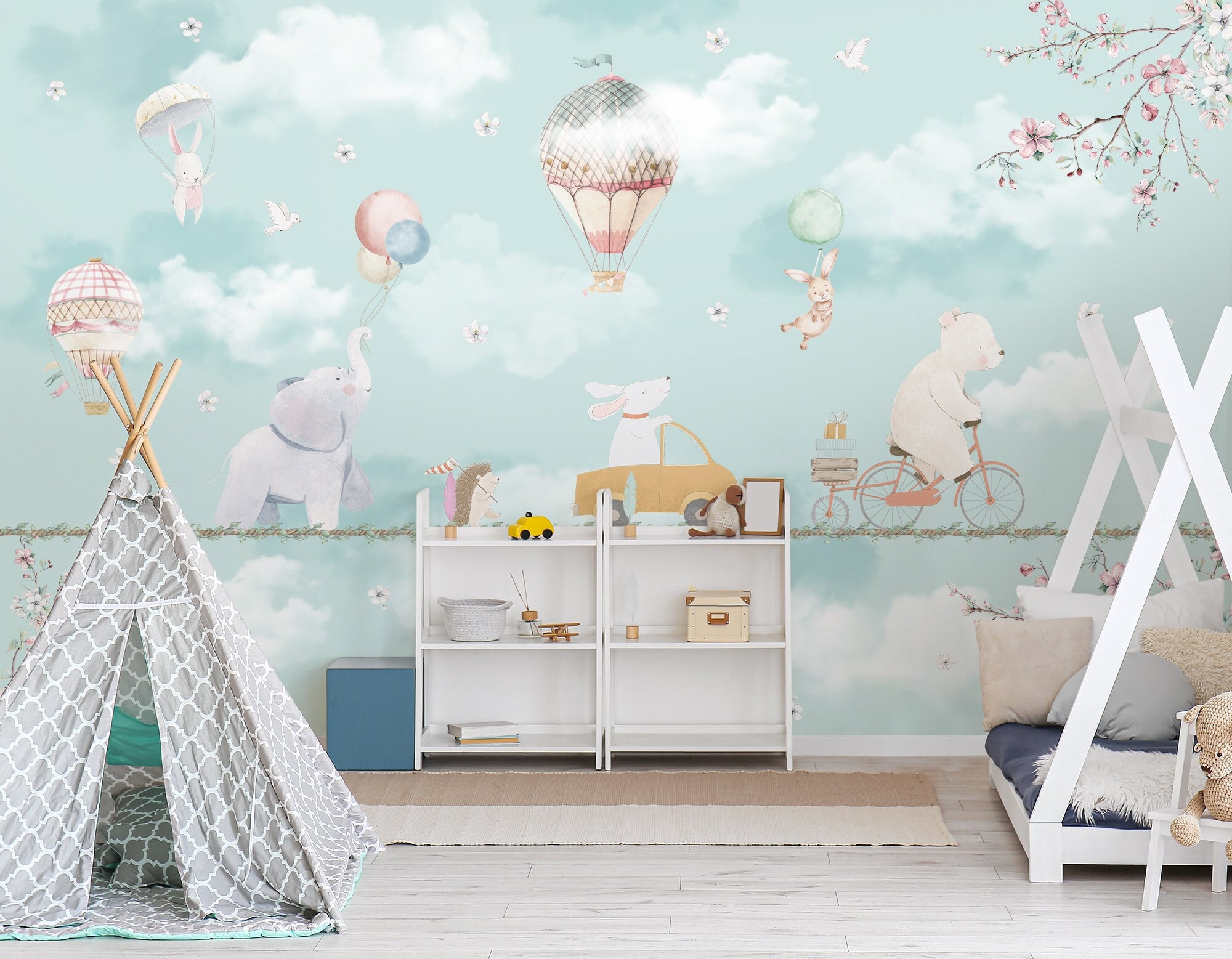 Kids Wallpaper Watercolor Circus Convoy Wall Mural Hot Air Balloon Flying Animals Nursery Peel and Stick