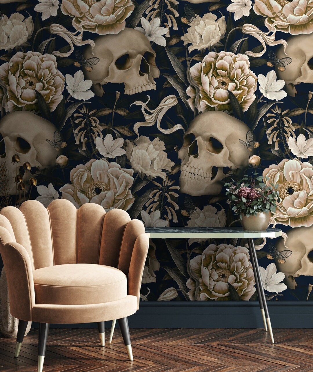 Dark Floral With Skulls Wallpaper Gothic Flower Wall Mural - Etsy