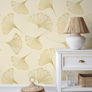 Leaf Wallpaper Peel and Stick Gold Look Gingko Leaf Wall Mural