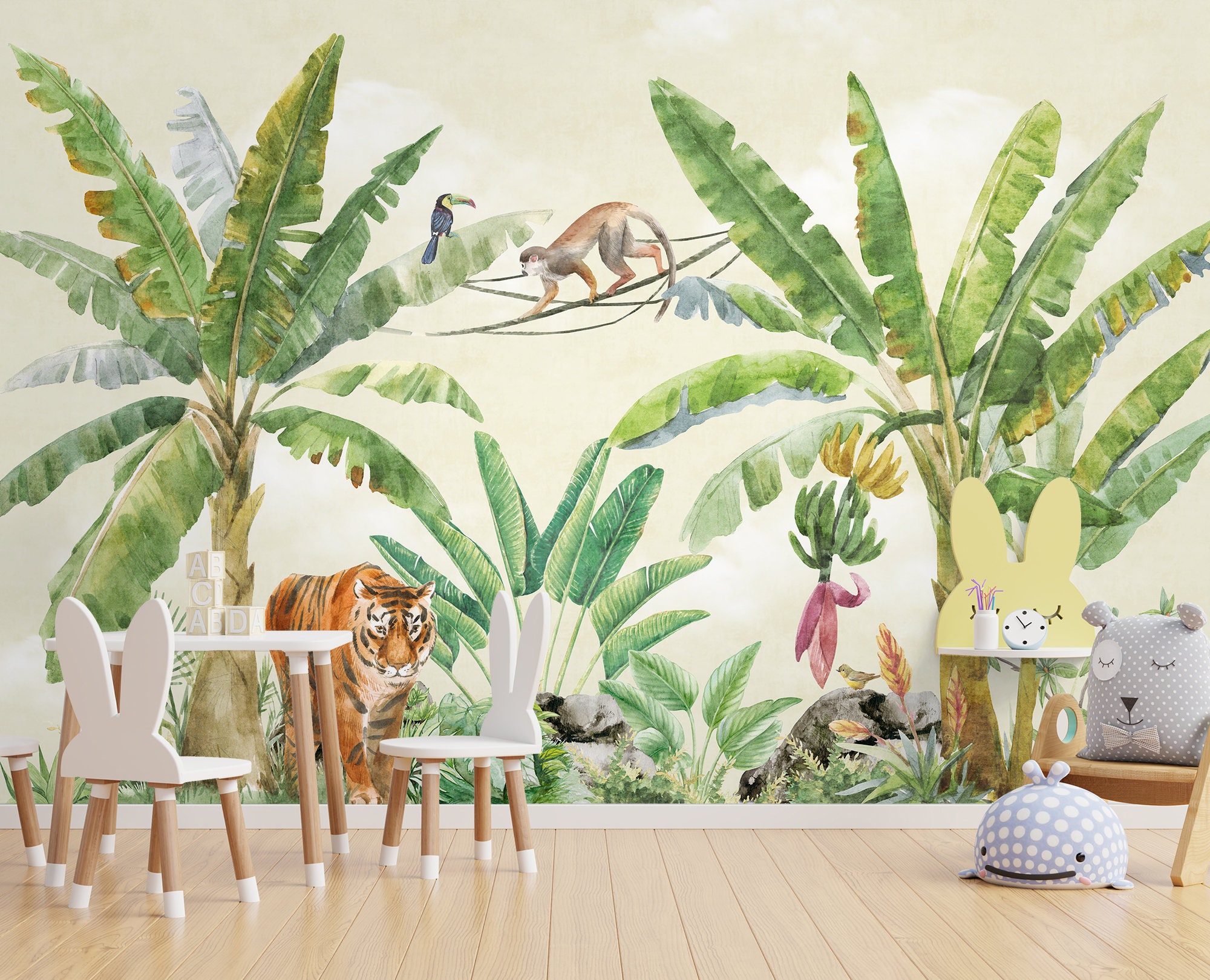 Kids Wallpaper Peel and Stick | Cute Safari Animals in the Rainforest ...