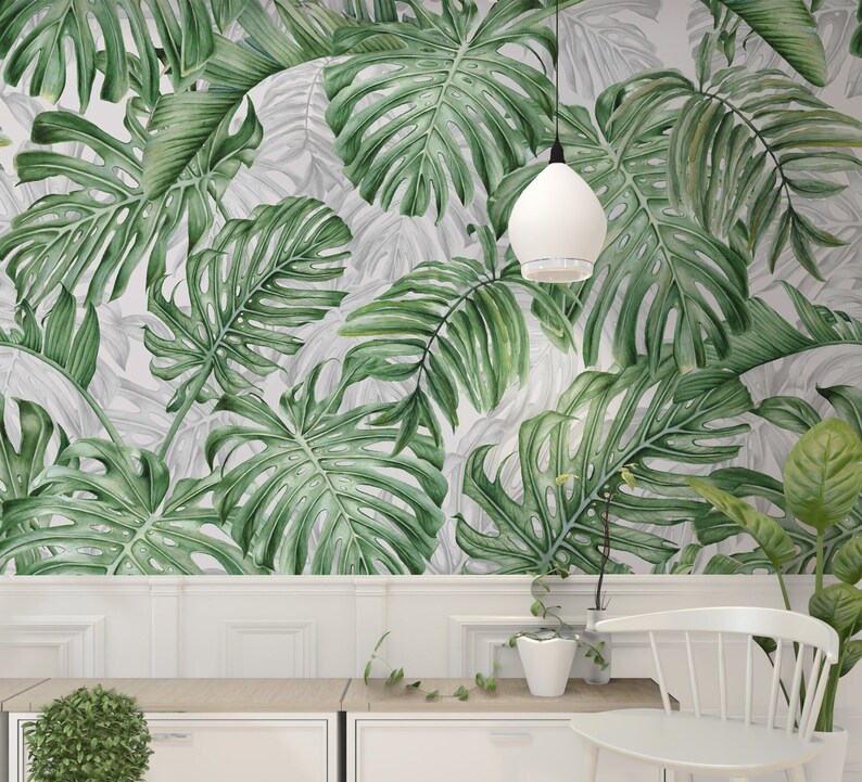 Leaf Wallpaper Peel and Stick Watercolor Tropical Leaves Wall - Etsy