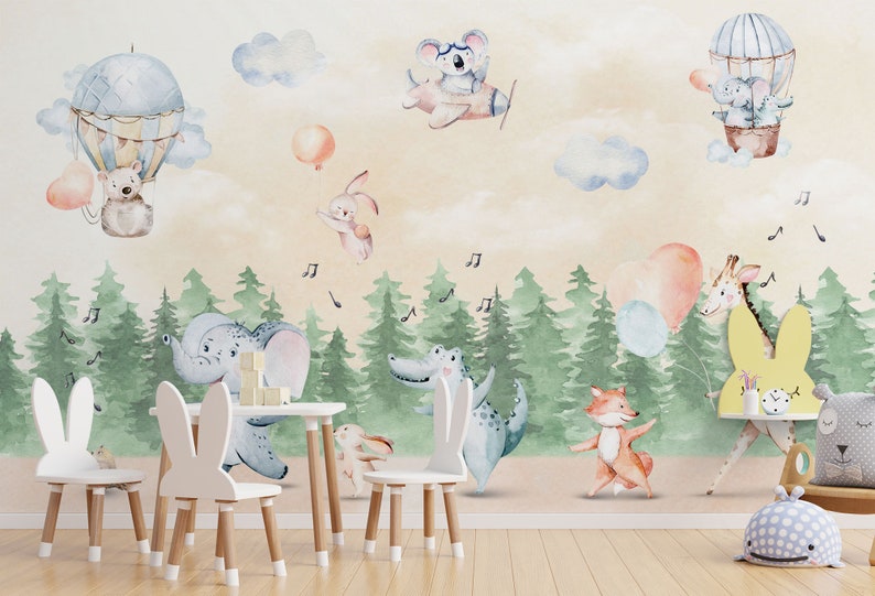 Kids Wallpaper Peel and Stick Cute Animals Dancing Wall Mural | Etsy