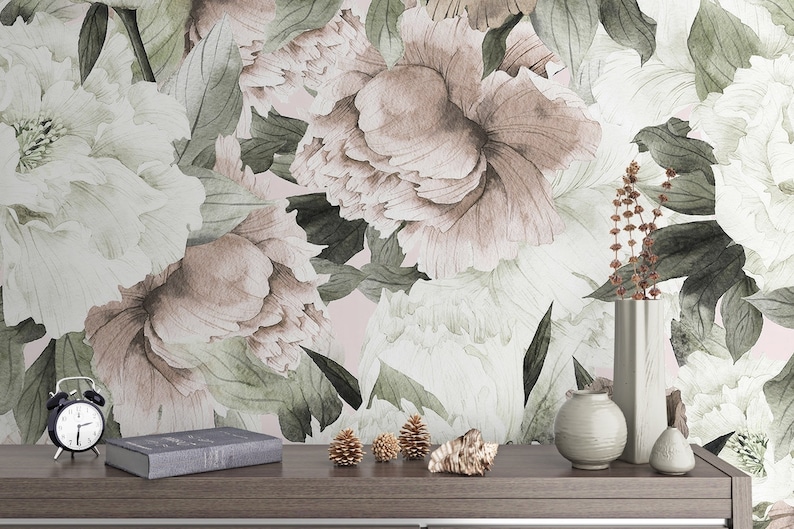 Floral Wallpaper Peel and Stick | Watercolor Soft Peony Flower Wall ...