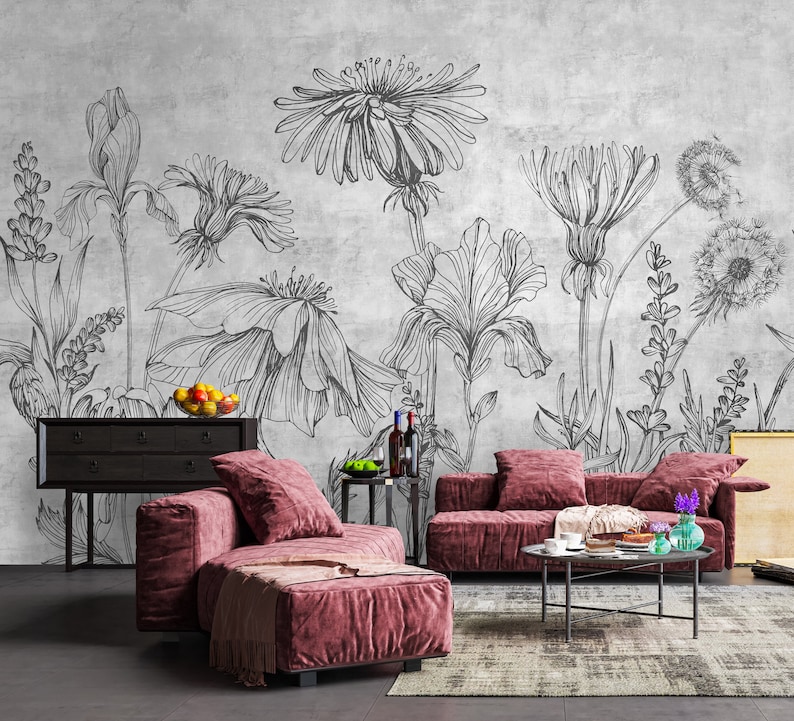 Large Floral Wallpaper Peel and Stick Grunge Floral Drawing Etsy