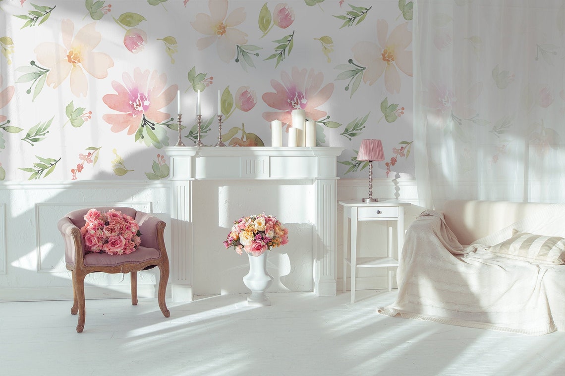 Soft Watercolor Floral Wallpaper | Nursery Floral Wall Mural | Pink ...