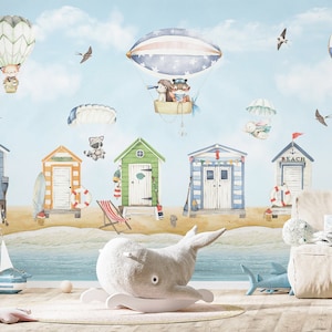 Carta da parati per bambini con acquerello per casa sulla spiaggia / Carta da parati staccabile e incollata per camera dei bambini con paesaggio balneare / Carta da parati con mongolfiere con animali carini