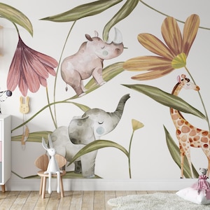 Carta da parati per bambini con animali del safari e fiori, staccabile e attaccabile