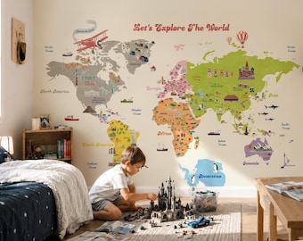 Kids Educational Adventure World Map Wallpaper | Colorful Continents Map Wall Mural