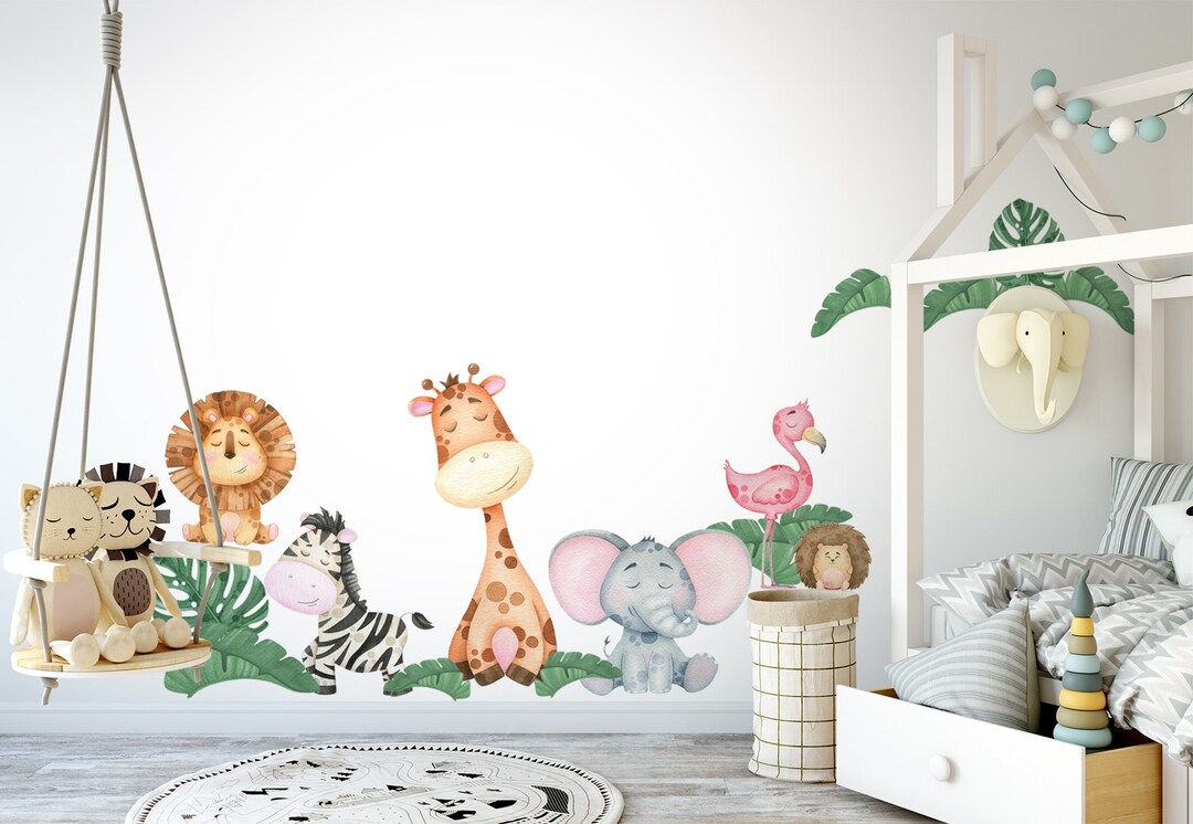 Cute Forest Animal Wall Decal | Kids Wall Sticker With Banana Leaves - Etsy