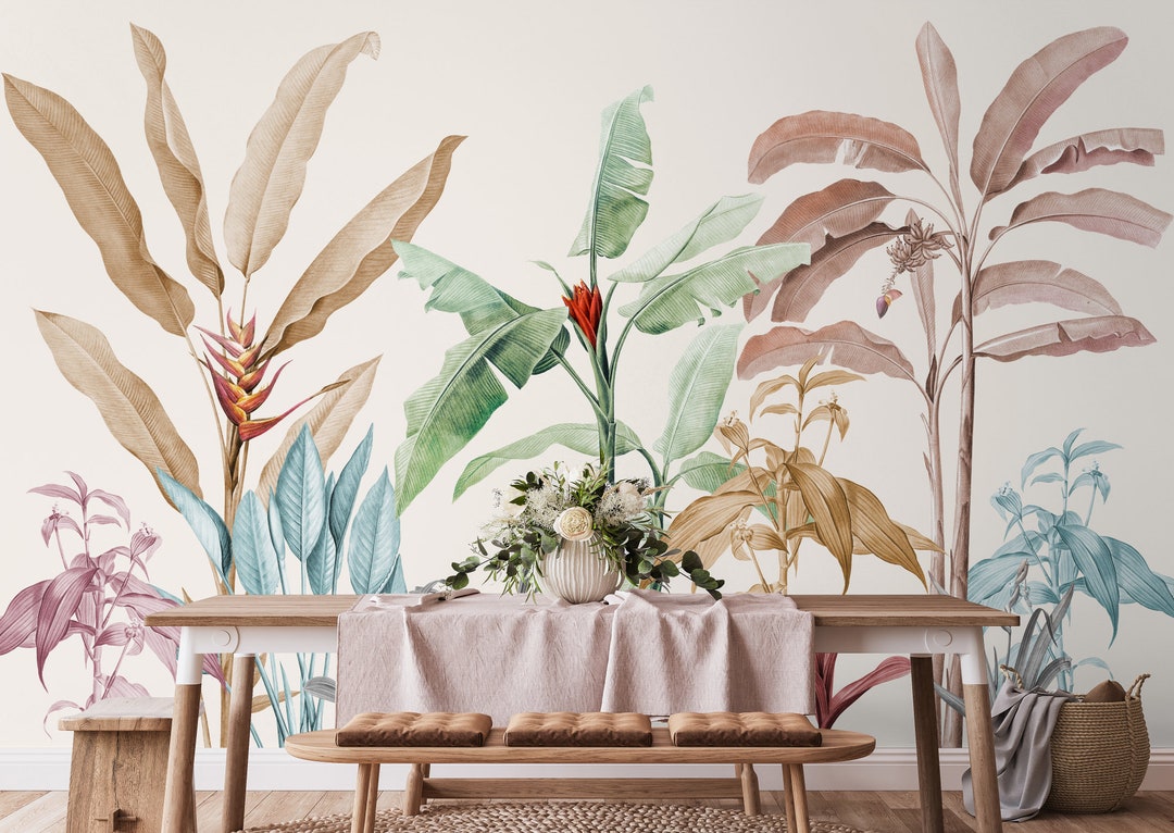 Tropical Wallpaper Peel and Stick | Colorful Banana Trees Wall Mural - Etsy