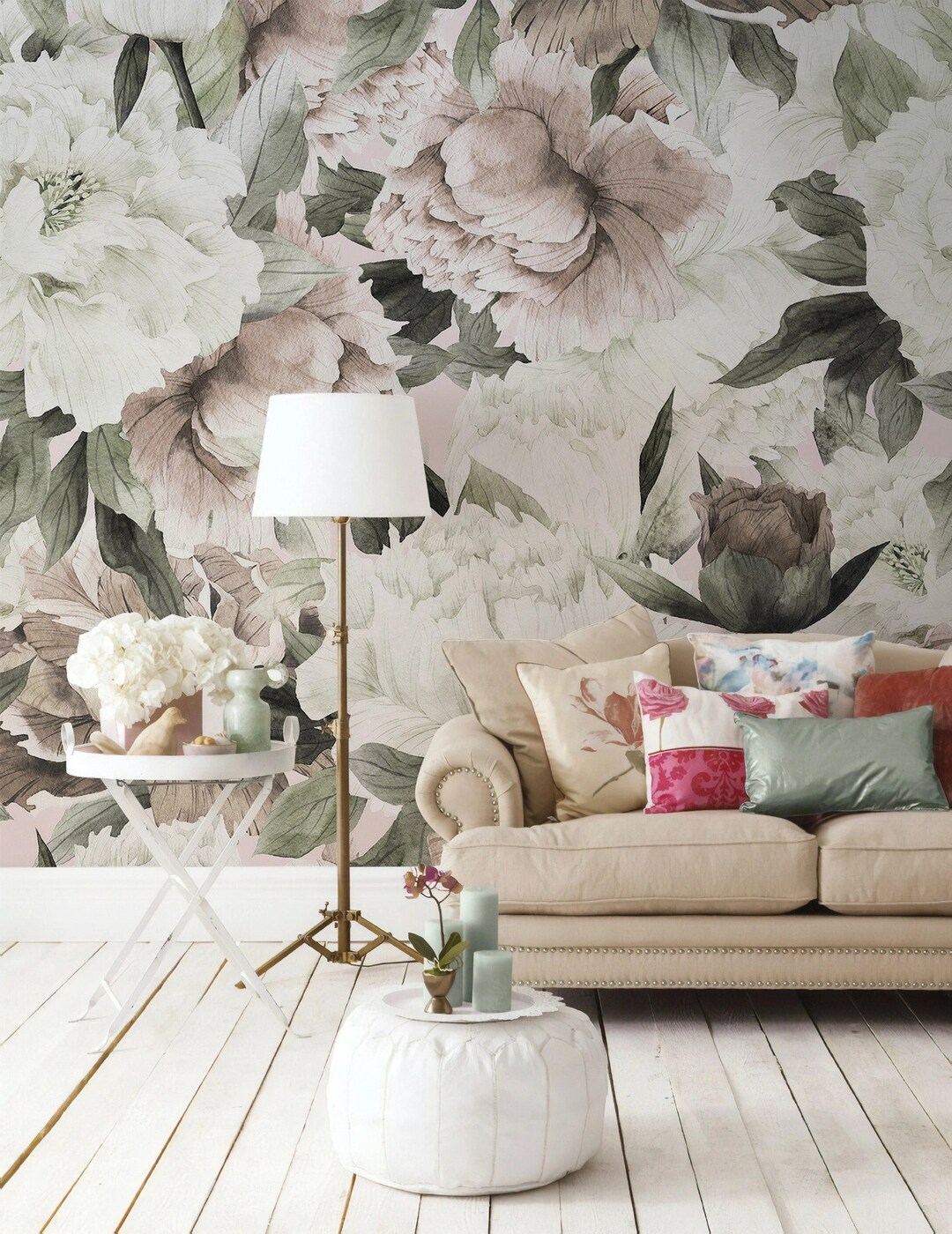 Floral Wallpaper Peel and Stick | Watercolor Soft Peony Flower Wall ...