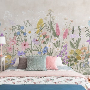Papier peint à fleurs sauvages Peel and Stick | Papier peint mural élégant pour jardin floral | Papier peint floral sauvage coloré