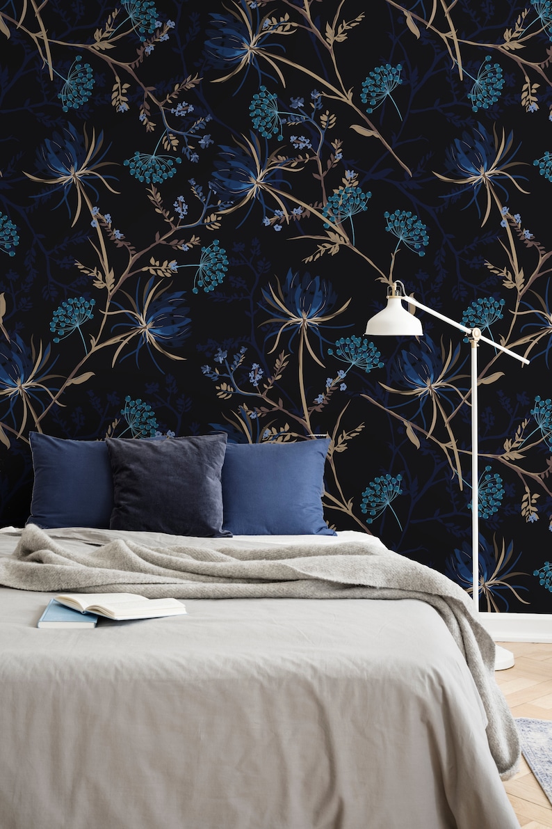 Dark Floral Wallpaper Peel and Stick Flower Blossom Wall Mural - Etsy