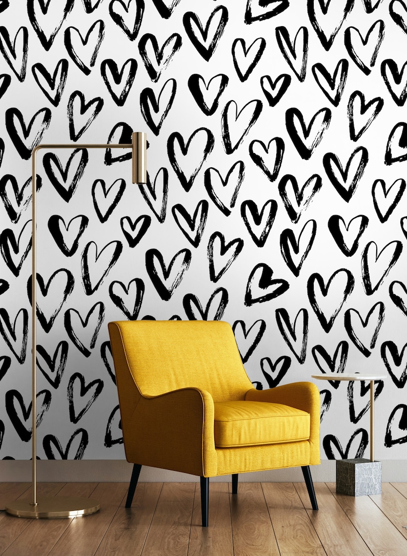 Heart Wallpaper Peel and Stick | Cute Hand Drawn Love Heart Wall Mural