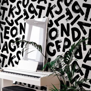 Alphabet Peel and Stick / Text Wallpaper / Modern Typography Wall Mural / Black Calligraphy Art Wallpaper