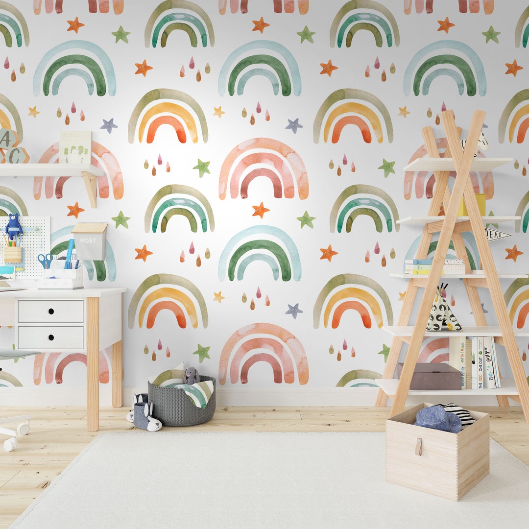 Kids Wallpaper Peel and Stick Nursery Soft Colorful Rainbow and Rain ...