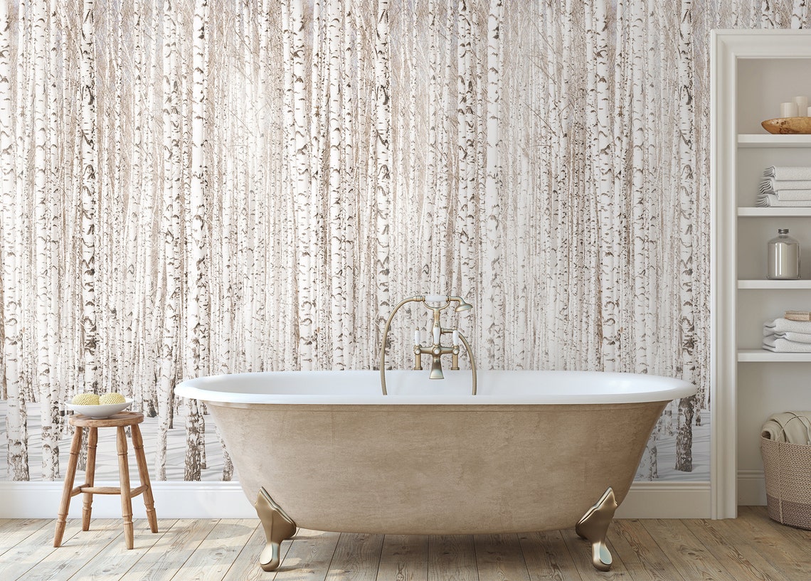 Landscape Wallpaper Peel and Stick Birch Trees Wall Mural Etsy