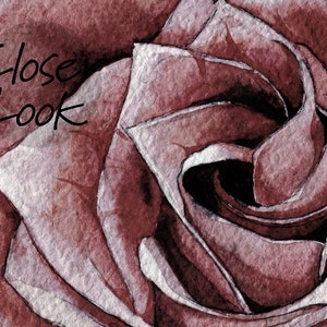 May include: Close-up of a deep red rose with a textured, watercolor-like appearance. The petals are tightly curled, creating a spiral effect.