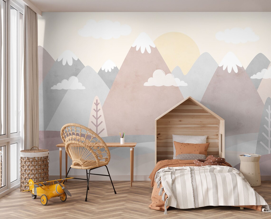 Nursery Mountain Wallpaper Peel and Stick Kids Soft Mountain Etsy