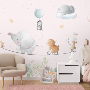Carta da parati per bambini Carta da parati stacca e incolla per la cameretta dei bambini Carta da parati con simpatici animali volanti Carta da parati con animali morbidi nel divertente circo