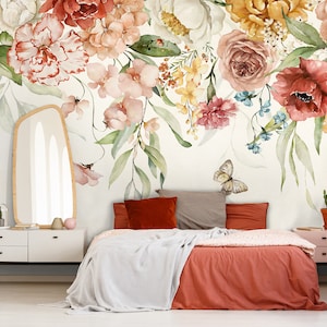 Summer Flower Wallpaper Peel and Stick | Watercolor Floral Blossom Wall Mural | Soft Peony Flowers Wall Mural