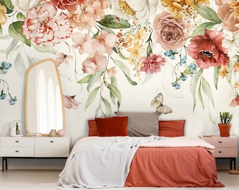Summer Flower Wallpaper Peel and Stick | Watercolor Floral Blossom Wall Mural | Soft Peony Flowers Wall Mural