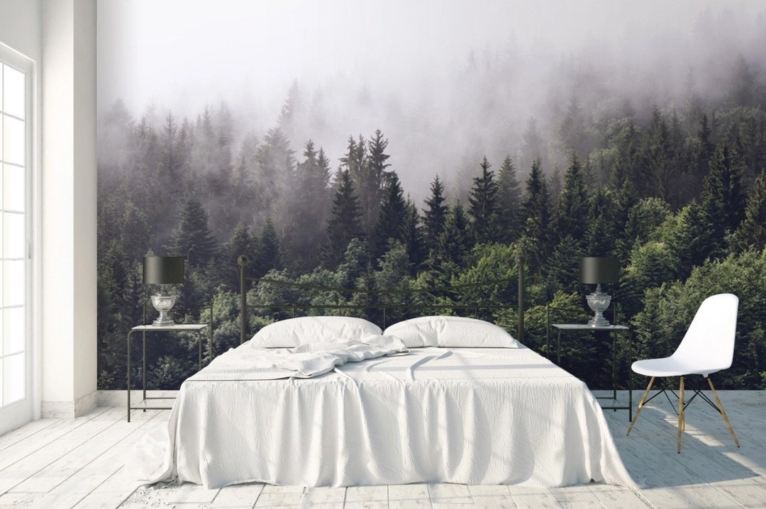 Misty Forest Landscape Wallpaper Peel and Stick Wall Mural - Etsy