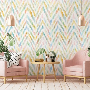 Watercolor Chevron Wallpaper | Hand Paint Ethnic Style Wall Mural | Peel and Stick Ikat Design Wallpaper
