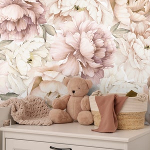 Pastel Peony Wallpaper Peel and Stick | Watercolor Soft Floral Wall ...