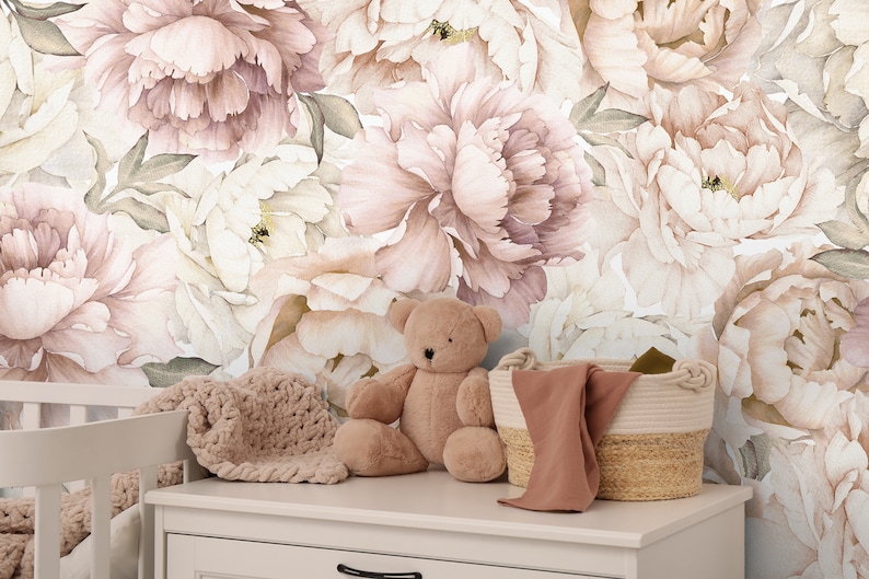 Pastel Peony Wallpaper Peel and Stick Watercolor Soft Floral Etsy