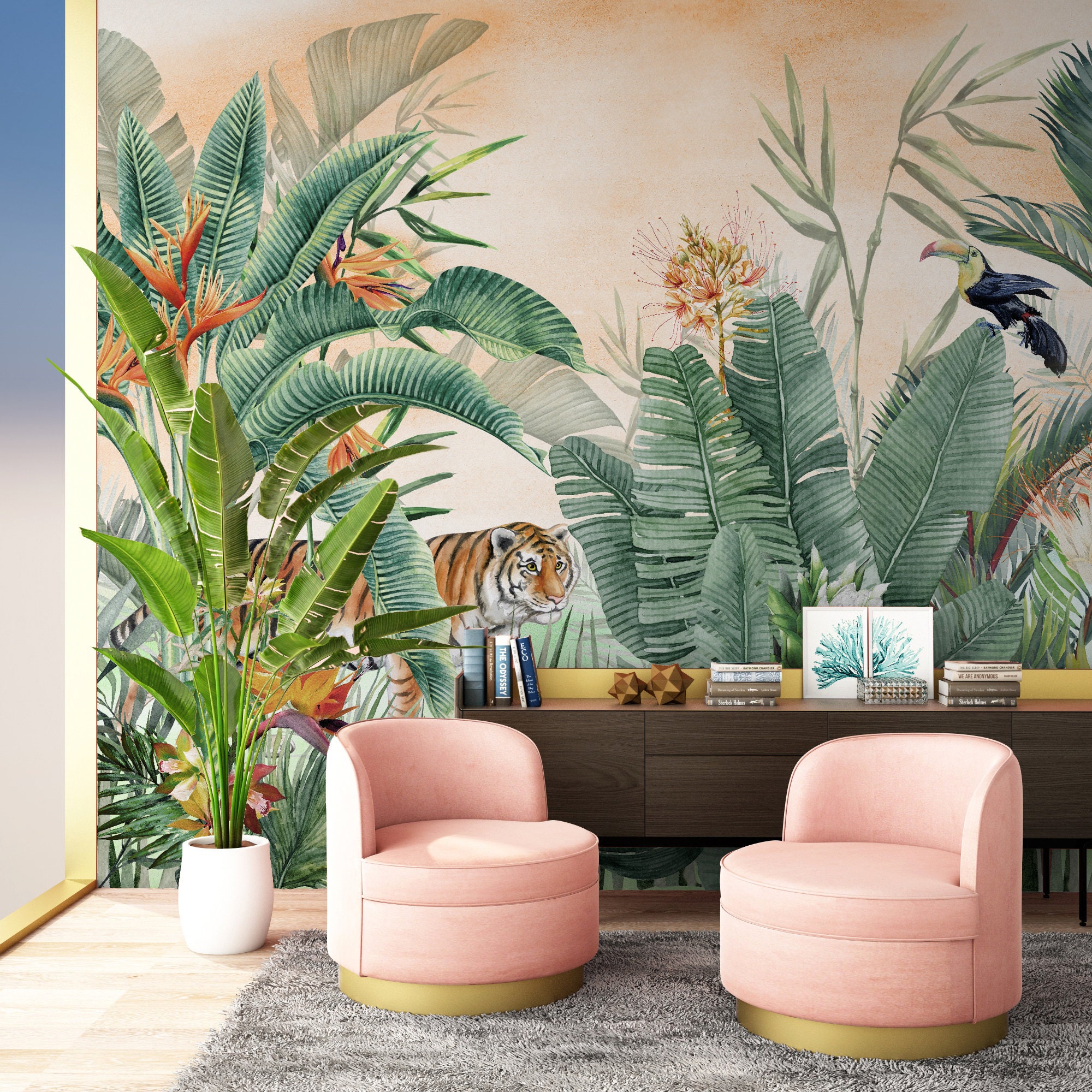 Tropical Wallpaper Tiger and Exotic Forest Wall Mural Peel and Stick - Etsy