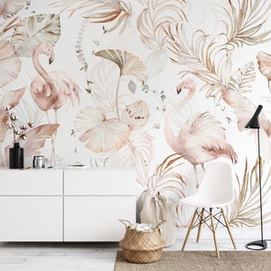 Weiche Flamingo Kunst Tapete | Boho Tropisches Blatt schälen und aufkleben Wandbild | Tapete mit skandinavischen Palmenblättern