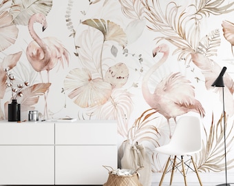 Soft Flamingo Art Wallpaper | Boho Tropical Leaf Peel and Stick Wall Mural | Scandinavian Palm Leaves Wallpaper