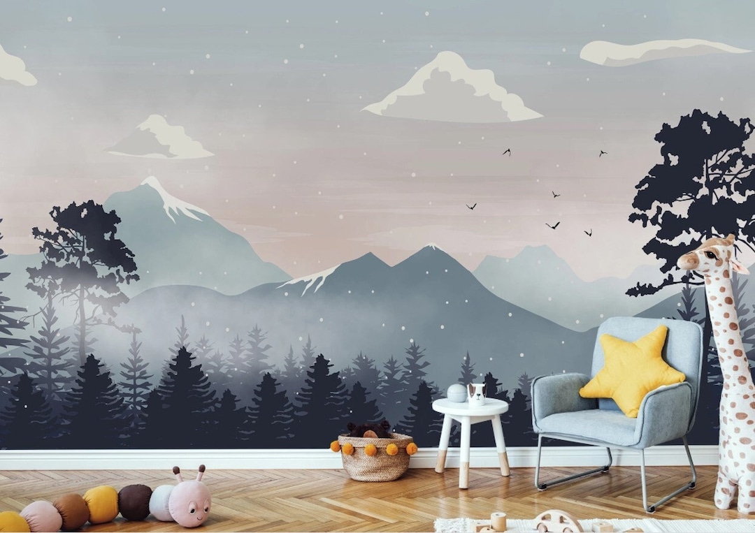 Kids Wallpaper Peel and Stick | Soft Mountain With Trees Wall Mural - Etsy