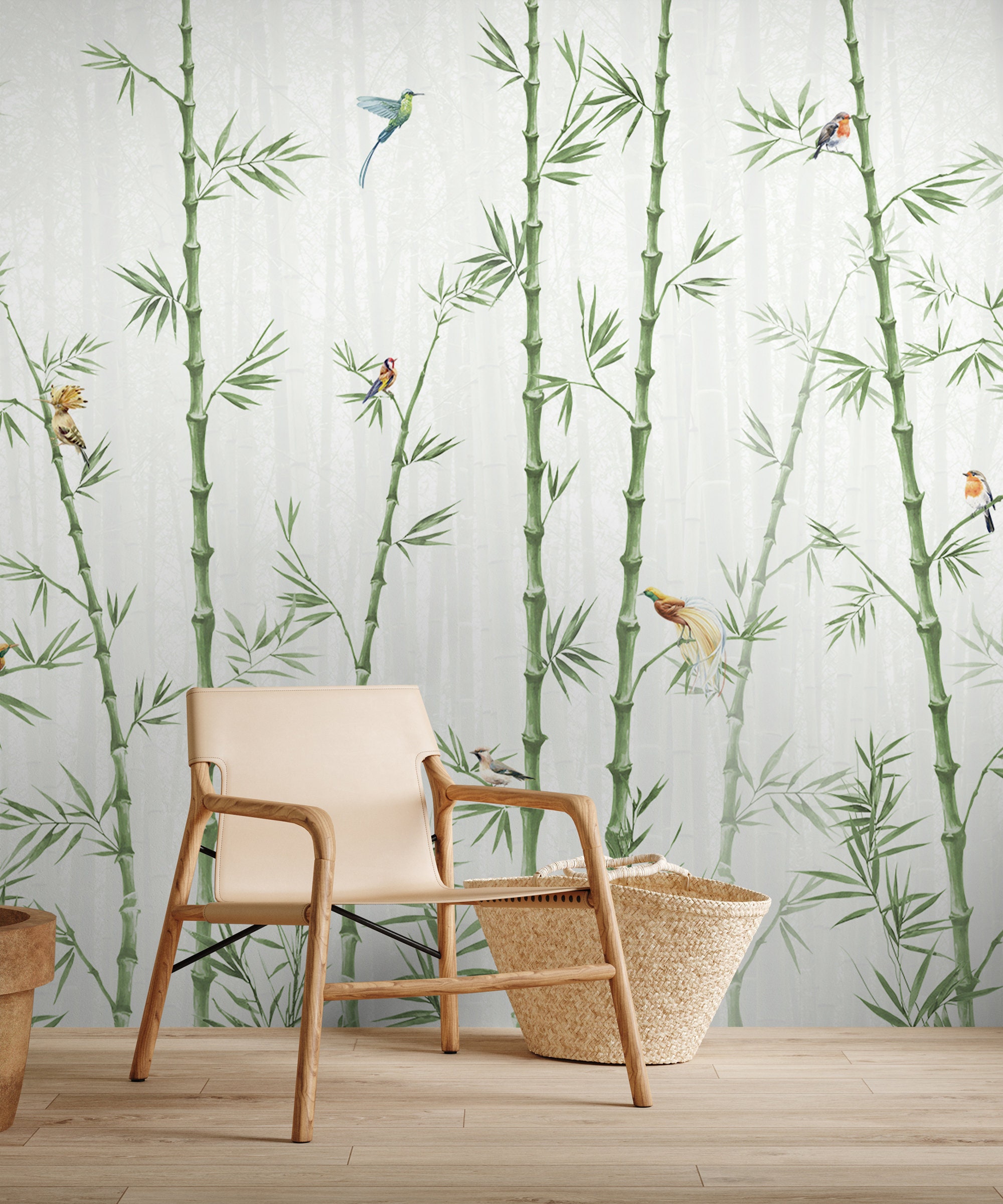 Watercolor Bamboo Wallpaper Tropical Tree With Paradise Birds Wall Mural  Chinese Tree With Colorful Bird Peel and Stick 