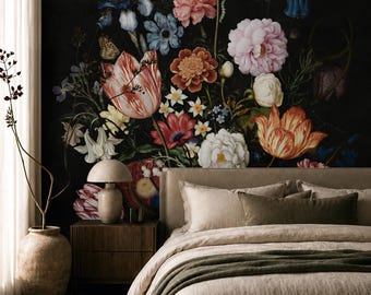 Vintage Dark Floral Bouquet Wallpaper | Elegant Botanical Flower Arrangement Wall Mural