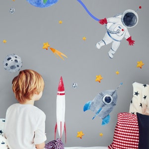 Kids Space Wall Decal for Boys Cute Astronaut With Earth Wall Sticker ...