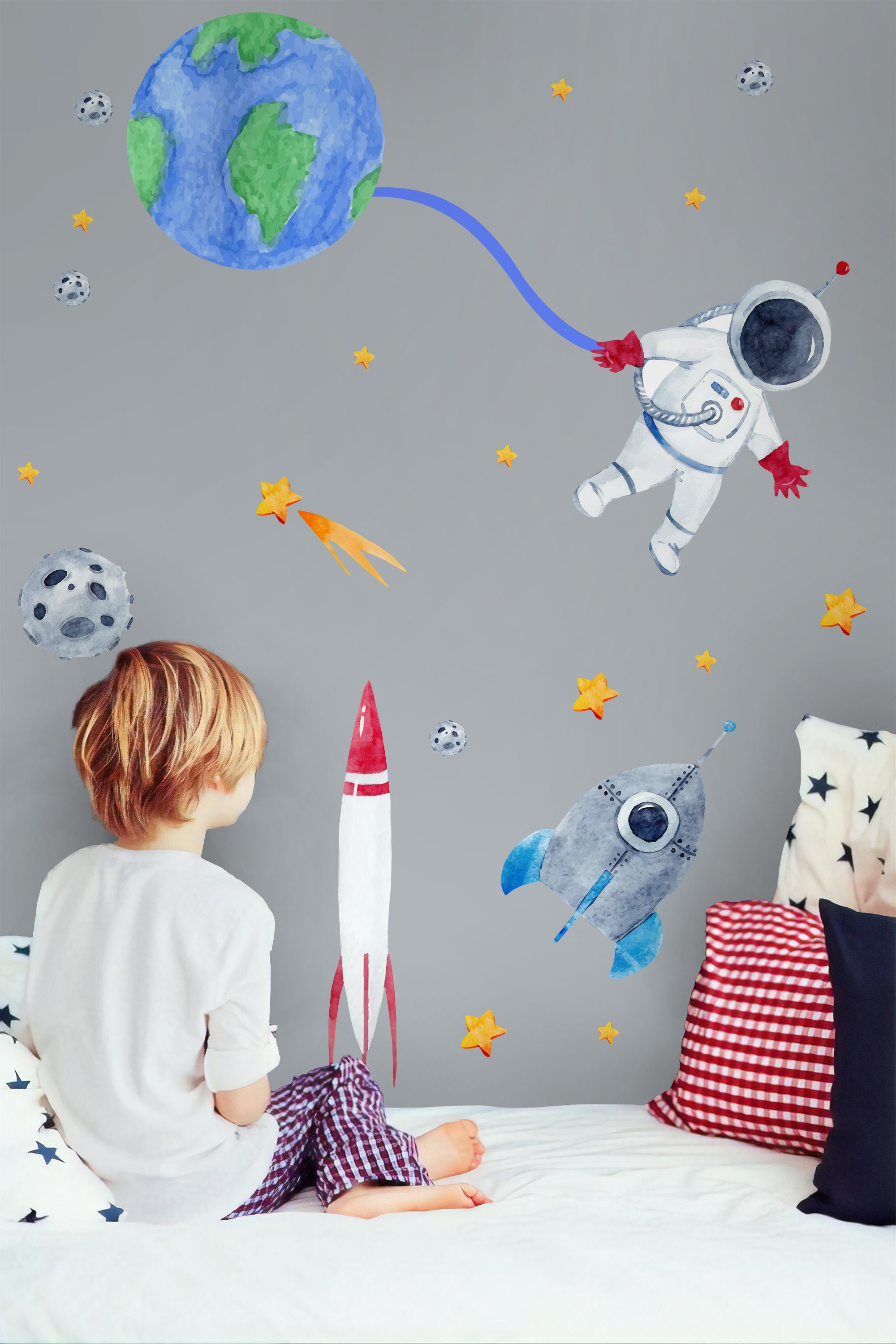 Kids Space Wall Decal for Boys Cute Astronaut With Earth Wall Sticker ...