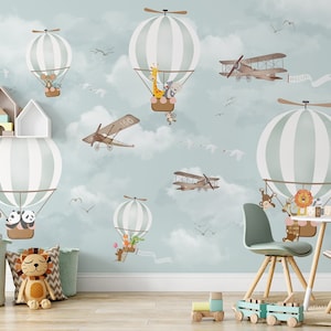 Carta da parati per bambini stacca e incolla/murale con simpatici animali nelle mongolfiere