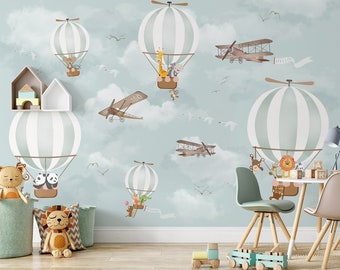 Kids Wallpaper Peel and Stick | Cute Animals in the Hot Air Balloons Wall Mural