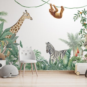 Süße Safari Tiere Tapete zum Abziehen und Aufkleben Aquarell Kinder Tier Wandbild | Kinderzimmer Dschungel Wallpaper