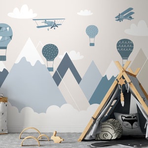 Kids Mountain Wallpaper Nursery Wall Mural with Hot Air Balloons Peel and Stick