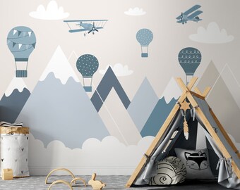 Kids Mountain Wallpaper Nursery Wall Mural with Hot Air Balloons Peel and Stick