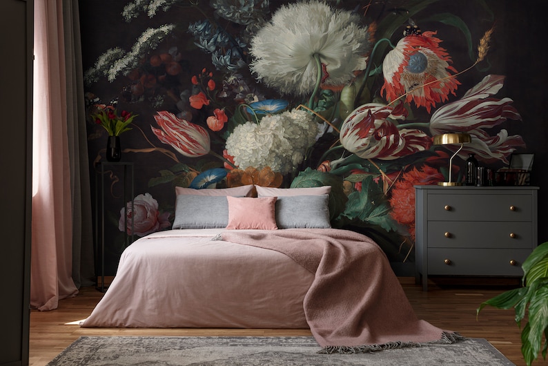 Dutch Floral Wallpaper Peel and Stick Dark Peony Flowers Wall Etsy