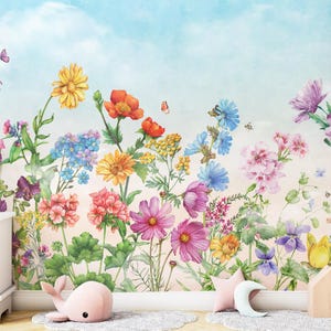 Carta da parati floreale per bambini, stacca e attacca, murale con fiori colorati per la cameretta dei bambini