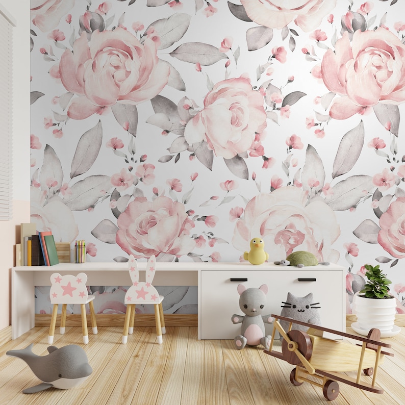 Pink Floral Wallpaper Peel and Stick | Watercolor Peony Flower for Kids ...