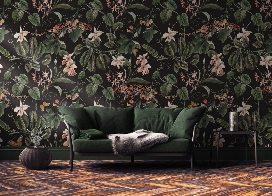 Watercolor Tropical Wallpaper | Peel and Stick Exotic Leaf With Leopard ...