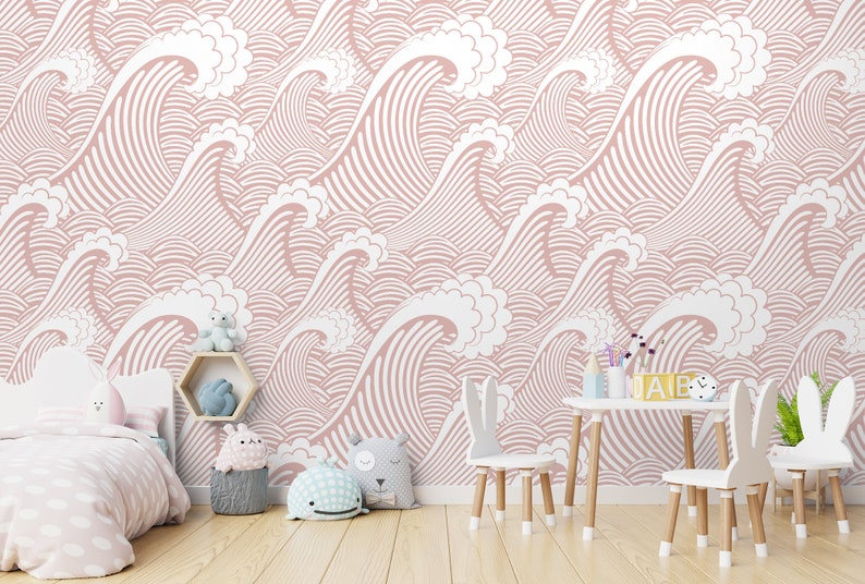 Wave Wallpaper Peel and Stick Pink Blue Ocean Waves Wall - Etsy