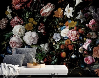 Dark Floral Wallpaper Peel and Stick Vase of Flower Golden Age Flower Wall Mural