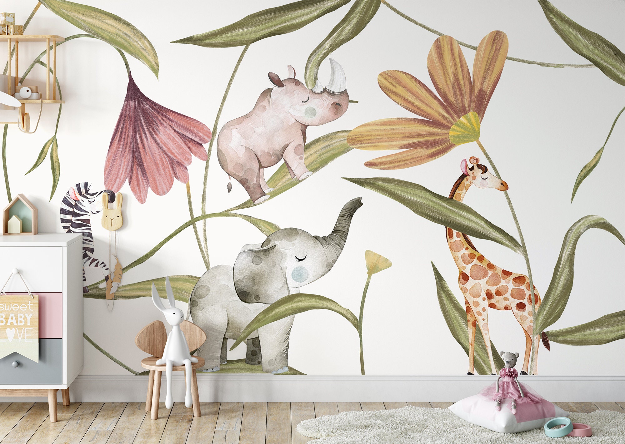 Kids Wallpaper Peel and Stick Safari Animals With Flowers Wall Mural - Etsy